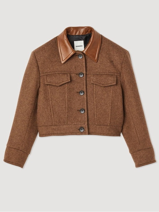 Sandro Jackets & Blazers - Sandro King Cropped Wool Twill Jacket Leather Collar